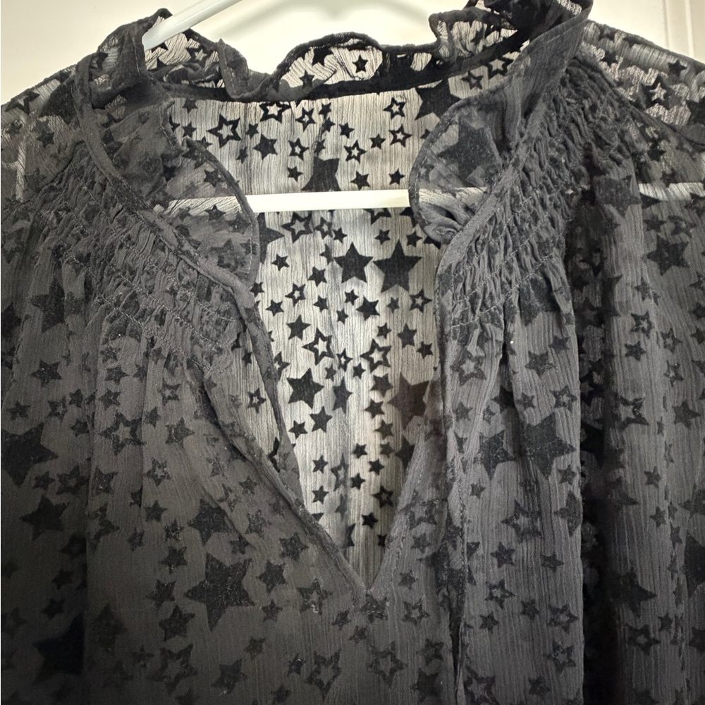 LOFT Black Sheer Star Print Blouse Long Sleeve size L Women’s - Picture 3 of 4